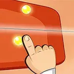 Një dorë prek një buton të verdhë mbi një panel portokalli të ndritshëm