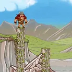 Një figurë vikinge qëndron mbi një shkëmb në një peizazh malor me qiell të kaltër dhe re