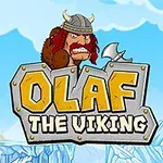 Një viking me përkrenare dhe sëpatë qëndron mbi tekstin Olaf the Viking, me sfond peizazhi të mbuluar me akull