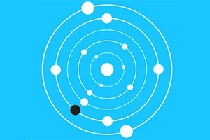 Një dizajn grafik me sfera të bardha dhe një të zezë të vendosura në orbitat e tyre në sfond blu