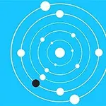 Një dizajn grafik me sfera të bardha dhe një të zezë të vendosura në orbitat e tyre në sfond blu