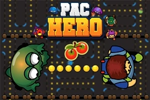 Në imazh është një labirint me një rrugë me pika të verdha, dy personazhe të mëdhenj përballë njëri-tjetrit dhe në qendër ndodhen dy domate dhe fjala Pac Hero në krye