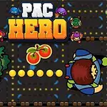 Në imazh është një labirint me një rrugë me pika të verdha, dy personazhe të mëdhenj përballë njëri-tjetrit dhe në qendër ndodhen dy domate dhe fjala Pac Hero në krye