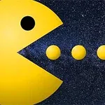 Një formë e madhe e verdhë në formë harku me një sy të zi po ndjek tre pika të verdha në një sfond hapësinor