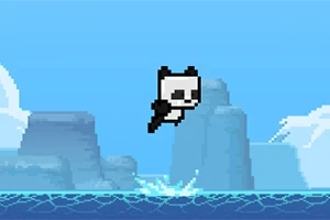 Një panda pikselore duke kërcyer mbi një sfond me male akullnajore dhe det blu