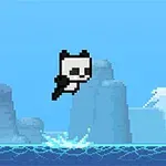 Një panda pikselore duke kërcyer mbi një sfond me male akullnajore dhe det blu