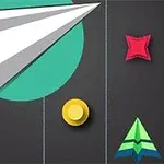 Një aeroplan letre i bardhë mbi një sfond gri me elementë grafikë si një yll i kuq, dy monedha të verdha dhe një formë trekëndore jeshile