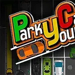 Një pamje nga lart e një parkimi me makina të ndryshme ngjyrash dhe mbishkrimi Park Your Car