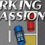 Makinë blu dhe makinë e kuqe të parkuara në një parking me shënimin PARKING PASSION