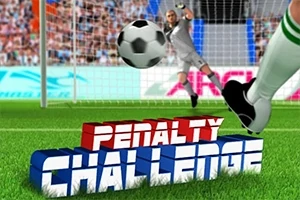 Një futbollist që gjuan një penallti drejt portierit në një stadium me tekstin Penalty Challenge në plan të parë
