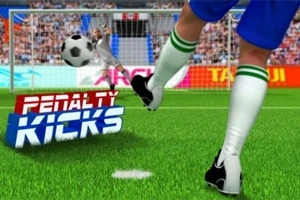 Një lojtar futbolli që gjuan një top drejt portës, me tekstin Penalty Kicks në plan të parë