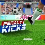 Një lojtar futbolli që gjuan një top drejt portës, me tekstin Penalty Kicks në plan të parë