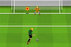 Lojtar futbolli me fanellë të gjelbër dhe të zi gati të gjuajë penallti ndaj portierit i cili ndodhet para portës