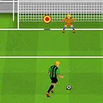 Lojtar futbolli me fanellë të gjelbër dhe të zi gati të gjuajë penallti ndaj portierit i cili ndodhet para portës