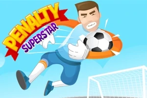 Një portier i karikaturuar me dorëza bllokon një top futbolli pranë një porte, me tekstin Penalty Superstar në sfond