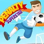 Një portier i karikaturuar me dorëza bllokon një top futbolli pranë një porte, me tekstin Penalty Superstar në sfond