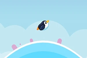 Një pinguin i vogël po fluturon në ajër mbi një peizazh të kaltër e dalmesar