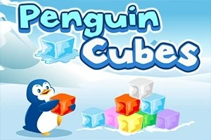 Një pinguin që mban një kub të kuq në një peizazh bore, me kube të tjerë ngjyrash të ndryshme përbri