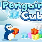 Një pinguin që mban një kub të kuq në një peizazh bore, me kube të tjerë ngjyrash të ndryshme përbri