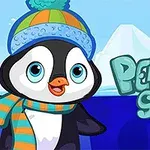 Pinguin me një kapelë dhe shall, i rrethuar nga akullnaja, me tekst të stilizuar në sfond