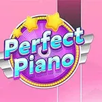 Logo shumëngjyrësh me tekstin Perfect Piano në një sfond rozë, yje të verdhë dhe një zemër të kuqe