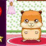 Një imazh me një hamster të mbuluar me lesh, qëndron në një qilim të kuq në dhomë, me një mur të bardhë me motive jeshile dhe balona shumëngjyrëshe në sfond