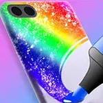 Një kapak telefoni po dekorohet me një stilolaps blu, duke krijuar një efekt ylberi me shkëlqim