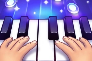 Disa duar mbi tastet e një pianoje me efekte drite dhe refleksione vezulluese në sfond