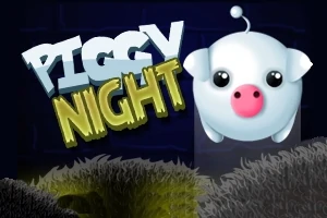 Teksti Piggy Night në sfond të errët me një derrkuc të bardhë dhe një peizazh me bar të errët