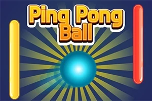 Top i kaltër me rrezatim të artë në sfond blu, i rrethuar nga shirita vertikale të verdhë dhe të kuq, me tekstin Ping Pong Ball në krye