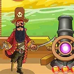 Pirati me kapelë dhe shpatë qëndron pranë një topi në një anije me sfond detar dhe tri ikona zemre poshtë