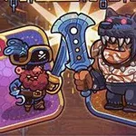 Pirate i vogël me një kapele dhe një njeri i madh me maskë ujku dhe shpatë