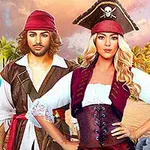 Dy piratë, një burrë dhe një grua, të veshur në rroba tradicionale pirate qëndrojnë në një plazh tropikal me palma dhe re në sfond