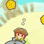 Një personazh karikaturë me kapelë pirate duke qëndruar mbi një shkëmb, i rrethuar nga tre monedha ari