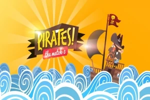 Një pirat në një anije mbi detin me dallgë blu nën një qiell portokalli me një tabelë që thotë PIRATES!