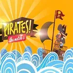 Një pirat në një anije mbi detin me dallgë blu nën një qiell portokalli me një tabelë që thotë PIRATES!