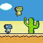 Dy dinozaurë me ngjyra pixel, duke kërcyer mbi një shkretëtirë me kaktusë nën një qiell blu dhe një re të bardhë