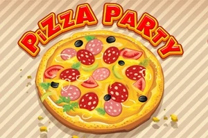 Pica me përbërës të ndryshëm si sallam, domate, ullinj dhe barishte, me mbishkrimin Pizza Party në krye