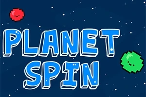 Teksti PLANET SPIN në stil vizatimor me dy figura planetësh me buzëqeshje, në sfond të errët me yje të vegjël