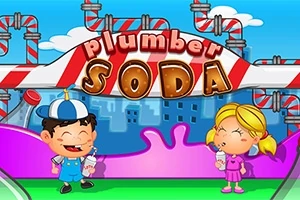 Dy fëmijë të gëzuar duke pirë pije para një sfondi me tubacione dhe mbishkrimin plumber soda