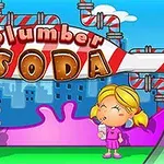 Dy fëmijë të gëzuar duke pirë pije para një sfondi me tubacione dhe mbishkrimin plumber soda