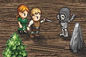 Dy personazhe pixel-art, një grua me flokë portokalli dhe një burrë me veshje kafe, përballen me një skelet me përkrenare metalike, pranë një peme dhe një shkëmbi