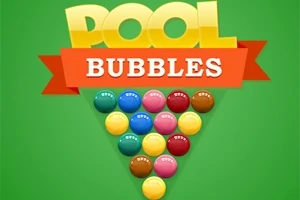 Topa me ngjyra të ndritshme në formacion trekëndor me tekstin Pool Bubbles mbi sfond jeshil