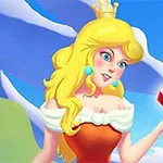 Princeshë me flokë të verdha dhe kurorë, duke mbajtur një kristal të kuq në një sfond të kaltër me male dhe pemë