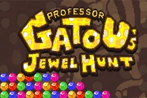 Teksti Professor Gatous Jewel Hunt i shkruar me shkronja të mëdha të verdha mbi një sfond kafe, me gurë shumëngjyrësh në pjesën e poshtme