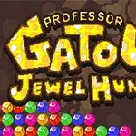 Teksti Professor Gatous Jewel Hunt i shkruar me shkronja të mëdha të verdha mbi një sfond kafe, me gurë shumëngjyrësh në pjesën e poshtme