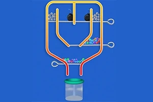 Një diagramë me tuba dhe kunja që kontrollojnë rrjedhën e rruazave të shumta ngjyrash, me një enë në pjesën e poshtme