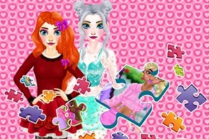 Dy vajza të animuara me flokë portokalli dhe gri qëndrojnë përpara një sfondi rozë me zemra, të rrethuara nga copa puzzle shumëngjyrëshe