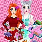 Dy vajza të animuara me flokë portokalli dhe gri qëndrojnë përpara një sfondi rozë me zemra, të rrethuara nga copa puzzle shumëngjyrëshe
