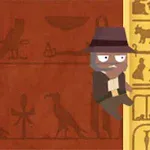 Një personazh me një kapelë të gjërë ngjitet përgjatë murit të mbuluar me hieroglife në sfond
